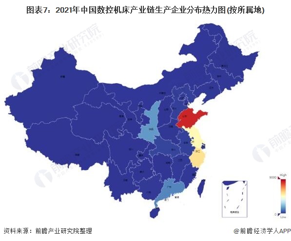 图表7：2021年中国数控机床产业链生产企业分布热力图(按所属地)