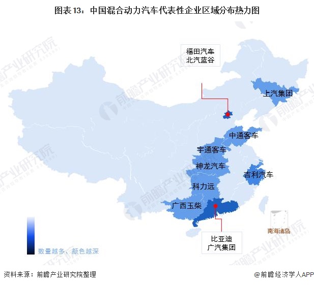 图表13：中国混合动力汽车代表性企业区域分布热力图